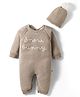 Yellow Apple Knit Raglan Sleeves Romper with Cap & Text Embroidery - Beige