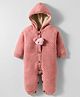 Yellow Apple Knit Full Sleeves Winter Wear Hooded Romper With Dog Applique - Dark Peach