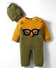 Yellow Apple Knit Full Raglan Sleeves Winter Wear Romper With Cap & Face Print - Green