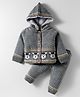 Yellow Apple Knitted Full Sleeves Front Open Hooded Sweater Set With Animal Design - Grey