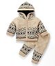 Yellow Apple Knit Full Sleeves Hooded Sweater Set With Aztec Design - Beige