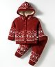Yellow Apple Knit Full Sleeves Hooded Sweater Set With Aztec Design - Rust Orange
