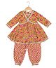 AATYA KIIDS Cotton Woven Three Fourth Sleeves Floral Printed & Gota Lace Embellished Kurti & Salwar Set - Mustard