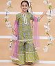 MODISH COUTURE Cotton Woven Three Fourth Sleeves Floral Printed Lace Embellished Kurti & Sharara With Dupatta Set - Green