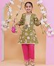 MODISH COUTURE Cotton Woven Three Fourth Sleeves Floral Woven Sleeveless Floral Printed & Gota Lace Embellished Coordinating Kurti Pant Set - Green & Pink