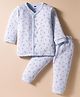 Simply Interlock Knit Full Sleeves Front Open Co-Ord Night Suit with Apple Print - Light Blue