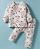 Simply Interlock Knit Full Sleeves Front Open Co-Ord Night Suit with Bear Print - Cream