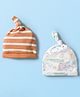Babyhug 100% Cotton Knit Knot Cap With Stripes & Animal Print Pack of 2 White & Orange - Diameter 17 cm