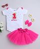 TINY MINY MEE Elastane Knit First Birthday Theme Half Sleeves 1 Happy Birthday Text Printed Onesie With Tutu Skirt & Headband Set - Magenta