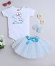 TINY MINY MEE Elastane Knit First Birthday Theme Half Sleeves Baby Elephant Holding Balloons Printed Onesie With Tutu Skirt & Headband Set - Blue