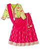 EARTHY TOUCH Woven Full Sleeves Lehenga Choli Set With Foil Floral Print & Dupatta - Lime Green & Dark Pink