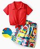 OLLINGTON ST. Cotton Half Sleeves Top & Knit Printed Skirt Set - Red & Multicolor