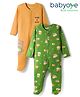 Babyoye 100% Cotton Knit Eco Jiva Full Sleeves Footed Sleep Suits with Animal Print Pack of 2 - Green & Mustard