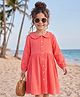 Kookie Kids Cotton Woven Full Sleeves Solid Schiffli Collar Front Open Full Sleeves Gauz Dress - Coral