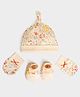 Mi Arcus Cotton Spandex Knit Pack Of 3 Floral Printed Cap With Booties & Mittens Set - Peach
