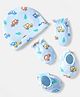 Babyhug 100% Cotton Knit Cap Mittens And Booties Set With Vehicle Print Light Blue- Diameter 16 cm