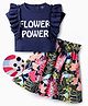 OLLINGTON ST. Cotton Half Sleeves Top & Floral Printed Skirt Set - Navy Blue & Multicolor