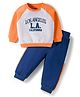 Doodle Poodle 100% Cotton Knit Full Raglan Sleeves Winter Wear T-Shirt & Joggers Set with Los Angeles Text Print - Orange & Navy Blue