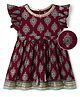 EARTHY TOUCH Single Jersey Knit Frill Sleeves Floral Glitter Printed Ethnic Dress with Lace Detailing - Maroon