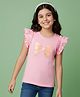Pine Kids Cotton Knit Frill Sleeves Top With Butterfly Embriodery - Pink