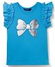 Pine Kids Cotton Knit Frill Sleeves Top With Bow Print - Light Blue
