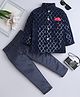 Fourfolds Velvet Woven Full Sleeves Sequins Embellished Leaves Embroidered Jodhpuri Blazer & Trousers Set - Navy Blue