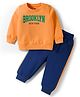 Doodle Poodle 100% Cotton Light Weight Looper Terry Knit Full Sleeves T-Shirt & Lounge Pant Set With Brooklyn Print - Orange & Navy Blue