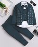 Fourfolds Woven Full Sleeves Floral Embroidered 3 Piece Party Suit Set With Bow - Teal Blue