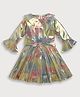 Tiny Girl Knit Three Fourth Bell Sleeves Holographic Printed Dress - Turquoise & Green