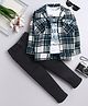 Fourfolds Cotton Blend Woven Trendy Style Text Printed Tee & Trousers With Full Sleeves Checked Jacket Set - Navy Blue