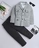 Fourfolds Cotton Blend Woven Full Sleeves Game On Text Printed Tee & Trouser Set With Houndstooth Designed Blazer Set - Grey