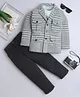 Fourfolds Cotton Blend Woven Full Sleeves Game On Text Printed Tee & Trouser Set With Houndstooth Designed Blazer Set - Grey