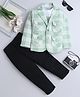 Fourfolds Cotton Blend Woven Game On Text Printed Tee & Trousers With Full Sleeves Checked Blazer Set - Mint Green