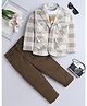 Fourfolds Cotton Blend Woven Game On Text Printed Tee & Trousers With Full Sleeves Checked Blazer Set - Brown
