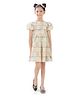 Tiny Girl 100% Cotton Woven Half Balloon Sleeves Abstract Printed Tiered Dress - Fawn