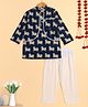 The Magic Wand Cotton Woven Full Sleeves Cow Printed Kurta With Attached Jacket & Pyjama Set - Navy Blue