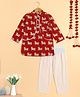 The Magic Wand Cotton Woven Full Sleeves Cow Printed Kurta With Attached Jacket & Pyjama Set - Red