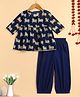 The Magic Wand Cotton Woven Three Fourth Sleeves Floral Printed Gota Lace Embellished Kurti Pant Set - Navy Blue
