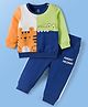 Doodle Poodle 100% Cotton  Looper Knit Terry Knit Full Sleeves T-Shirt & Lounge Pant Set With Animal Print - White & Navy Blue
