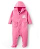 Babyhug Cotton Knit Full Sleeves Footed & Hooded Quilted Romper With Animal Embroidery - Pink
