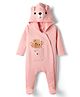 Babyhug Cotton Knit Full Sleeves Hooded Footed Winter Wear Quilted Romper with Bear Print & Ear Applique - Pink
