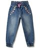 Tales & Stories Denim Woven Floral Embroidered Mild Washed Joggers - Mid Blue