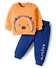 Doodle Poodle 100% Cotton Knit Full Sleeves Winter Wear Top & Joggers Set with Lion Print - Orange & Blue