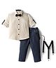 Rikidoos Full Sleeves Solid Shirt Pant With Bow & Suspender Set - Cream & Blue