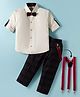 Rikidoos Full Sleeves Solid Shirt & Pant With Suspender & Bow Set - Cream & Navy Blue