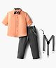 Rikidoos Full Sleeves Solid Shirt Pant With Bow & Suspender Set - Peach & Dark Grey