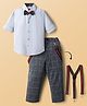 Rikidoos Full Sleeves Solid Shirt & Checked Pant With Bow & Suspender Set - Light & Navy Blue