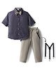 Rikidoos Full Sleeves Textured Shirt Pant With Bow & Suspender Set - Blue & Beige