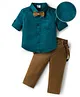 Mark & Mia Woven Full Sleeves Party Wear Solid Shirt & Trouser Set with Suspender & Bow - Teal Blue & Tan