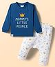 First Smile Sinker Knit Full Sleeves T-Shirt & Diaper Pants Set With Text Print - Navy Blue
